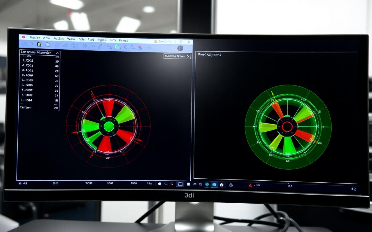 Wynik pomiaru geometrii 3D – ekran z wartościami camber, caster, toe i thrust angle